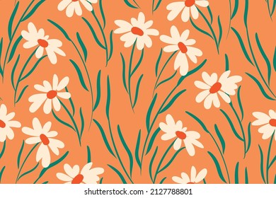 Simple seamless pattern with chamomile flowers, leaves, herbs. Delicate floral print with hand-drawn flowers, plants. Modern floral background. Vector illustration.
