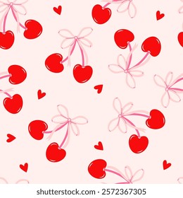 Simple seamless pattern with cherries, hearts. Cartoon cute pink and red stickers for Valentine's Day. Wrapping, packaging design in flat style. Red and pink. Suitable for gift wrap or cards.