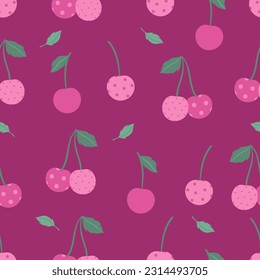 Simple seamless pattern with cherries in pink colors. Vector graphics.