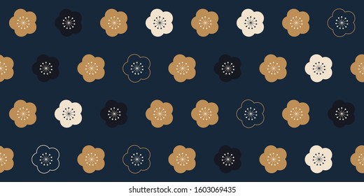 Simple seamless pattern, Cherry blossom flowers in golden and blue tones
