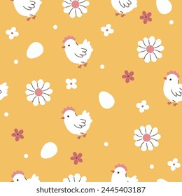 Simple seamless pattern with chickens, eggs and flowers. Vector graphics.