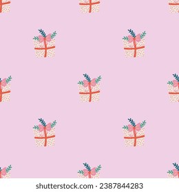 Simple seamless pattern with Christmas gifts. Festive trendy decorative pink gift boxes. Hand drawn modern vector texture