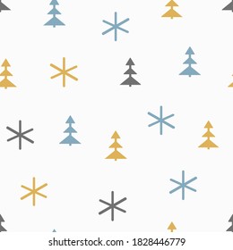 Simple seamless pattern with Christmas trees and snowflakes. Drawn by hand. New year vector illustration.