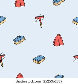 Padrão simples sem emenda com produtos de limpeza. Vetor de fundo para design no setor de serviços, limpeza a seco, empresa de limpeza. Conjunto de ícones, sinais e símbolos relacionados com higiene, limpeza