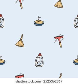 Simple seamless pattern with cleaning tools and detergents. Vector background for design in the service sector, dry cleaning, cleaning company. Set of icons, signs related to hygiene, cleanliness