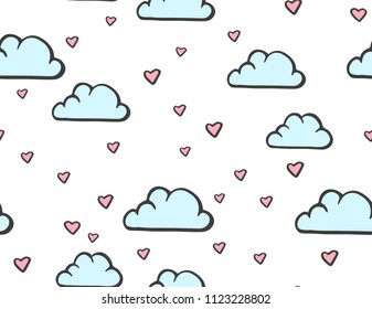 Simple seamless pattern with clouds and hearts. Vector illustration. Cute baby background for textile.