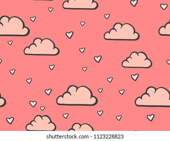 Simple seamless pattern with clouds and hearts. Vector illustration. Cute baby background for textile.