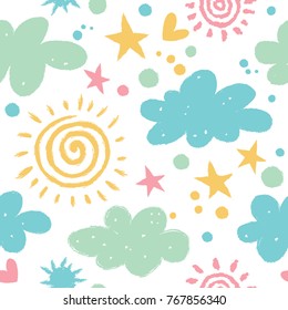 Simple seamless pattern with clouds and sun. Vector background in pastel colors.
