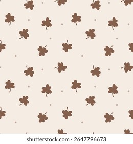 Simple seamless Pattern Clover shape Repeat and dots in warm brown background. Rustic Clover scattered silhouettes on a soft beige background.