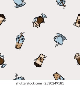 Simple seamless pattern with coffee drinks, latte, cappuccino, americano. Set of icons for the design of a cafe, restaurant, coffee shop, cafeteria. Endless background for gift paper