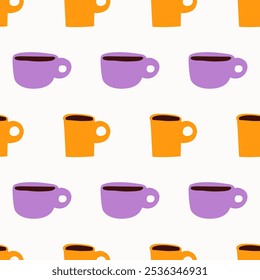 Simple seamless pattern. Coffee drinks. Pink and yellow cups. Graphic design. Hand drawn illustration.