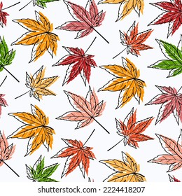 Simple seamless pattern of colored maple leaves with a black stroke on a white background, vector. A great idea for decorating printed materials, fabrics, interior design, internet projects and more.