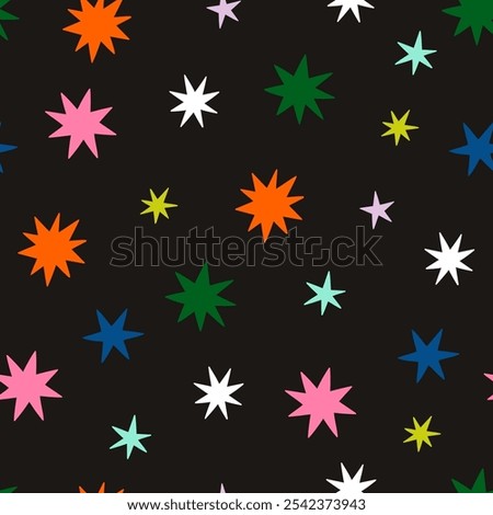 Simple seamless pattern with colored stars on a black background. Vector graphics.