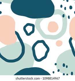 Sencillo patrón transparente con formas abstractas coloridas y puntos en blanco. Fondo geométrico creativo. Tejidos modernos y originales, papel para envolver, diseño de arte mural.Diseño gráfico dibujado a mano