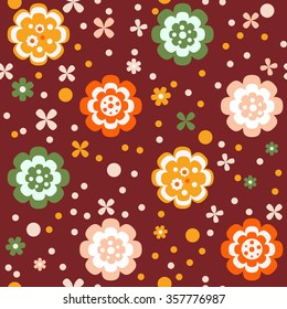 simple seamless pattern with colorful abstract flowers and different dots on vinous background, vector illustration