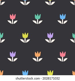Sencillo patrón impecable con flores coloridas sobre fondo negro. Diseño floral en tonos pastel. Ilustración vectorial dibujada por mano 