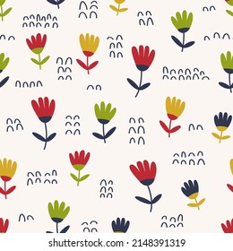 Simple seamless pattern with simple colorful flowers. Vector flat floral illustration for wrapping paper, fabric design