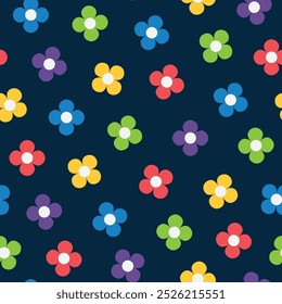 simple seamless pattern of colorful flowers on dark background