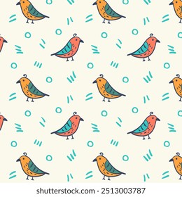 Simple seamless pattern of colorful stylized folk birds on background with doodle texture