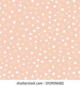 simple seamless pattern with confetti. peach background. little white hearts and stars. print for postcards and textiles.
