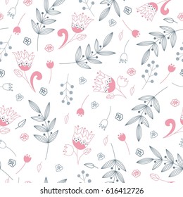 Simple seamless pattern consisting of flowers of leaves and berries. Line drawing