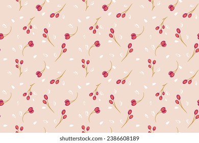 Simple seamless pattern with creative tiny branches with small shapes, dots, spots, drops  on a light beige background. Vector hand drawn print. Template for design, textile, fashion