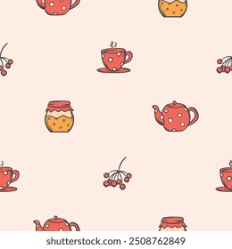 Simple seamless pattern with a cup of tea, a teapot, viburnum berries and honey. Vector background for wrapping paper, decoration, design. Endless pattern with repeating elements