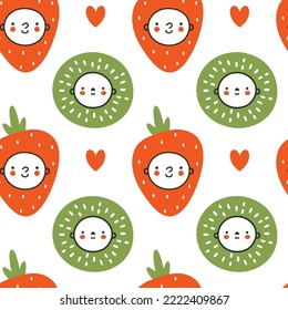 Simple seamless pattern with cute baby faces, kawaii fruits, heart in doodle style. Flat hand drawn vector summer background for wrapping paper, children merch, baby shower, fabric, textile, stickers