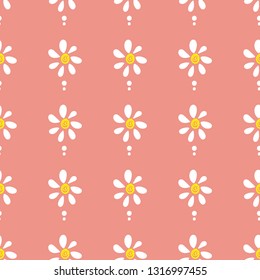 Simple seamless pattern with cute chamomiles on a coral background. Eps10