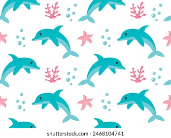 Simple seamless pattern with cute dolphins, starfish and coral. Vector illustration in cartoon style for children's illustration, wrapping paper, textile, wallpaper.