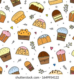 Simple seamless pattern with cute doodle colored Easter kulich cakes or Christmas panettones and pussy willows, hearts, twigs, dots around.