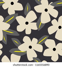 Simple seamless pattern with cute flowers. Abstract monochrome floral background. Vector illustration for design, fabric and print. Craft stamp style.