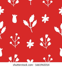 Simple seamless pattern with cute flowers. Abstract floral background. Vector illustration for design, fabric and print. Craft stamp style. Summer and spring pattern. White flowers on red background.