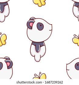 Simple seamless pattern, cute kawaii hand drawn panda doodles, print