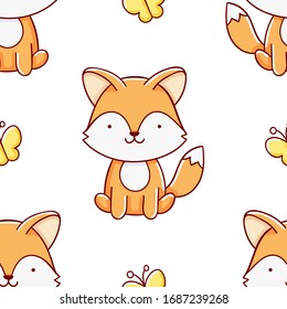 Simple seamless pattern, cute kawaii hand drawn fox doodles, print