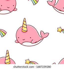 Simple Seamless Pattern, Cute Kawaii Hand Drawn Narwhal Doodles, Print