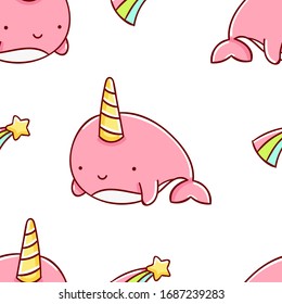 Simple seamless pattern, cute kawaii hand drawn narwhal doodles, print
