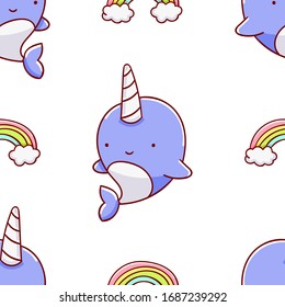 Sencillo patrón sin fisuras, adorables garabatos de narwhal dibujados a mano, impresos