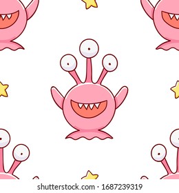 Simple seamless pattern, cute kawaii hand drawn monster doodles, print