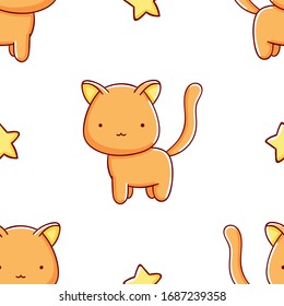 Simple seamless pattern, cute kawaii hand drawn cat doodles, print