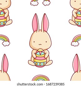 Simple seamless pattern, cute kawaii hand drawn bunny doodles, print