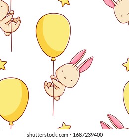 Simple seamless pattern, cute kawaii hand drawn bunny doodles, print