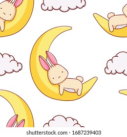 Simple seamless pattern, cute kawaii hand drawn bunny doodles, print