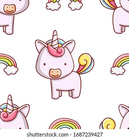 Simple seamless pattern, cute kawaii hand drawn unicorn doodles, print