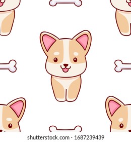 Simple seamless pattern, cute kawaii hand drawn corgi doodles, print