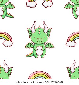 Simple seamless pattern, cute kawaii hand drawn dragon doodles, print