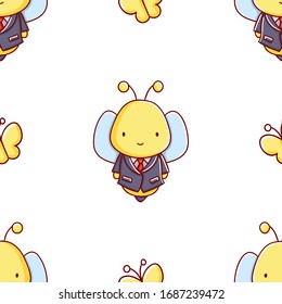 Simple seamless pattern, cute kawaii hand drawn bee doodles, print