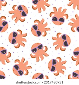 simple seamless pattern with cute little octopuses in sunglasses, print for kids clothes, wrapping paper, fabric, web design, summer vector flat illustration