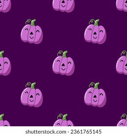 Simple seamless pattern with cute purple pumpkin. Halloween trendy concept. Hand drawn vector illustration for cover, stationary, wallpaper, prints, wrapping, textile