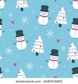 Simple seamless pattern with cute snowmen and fir trees. Vector graphics.